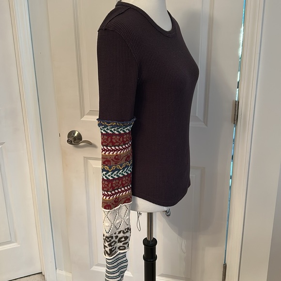 Free People Washed Black Colorful Sleeve Henley Long Sleeve Shirt - Picture 2 of 7